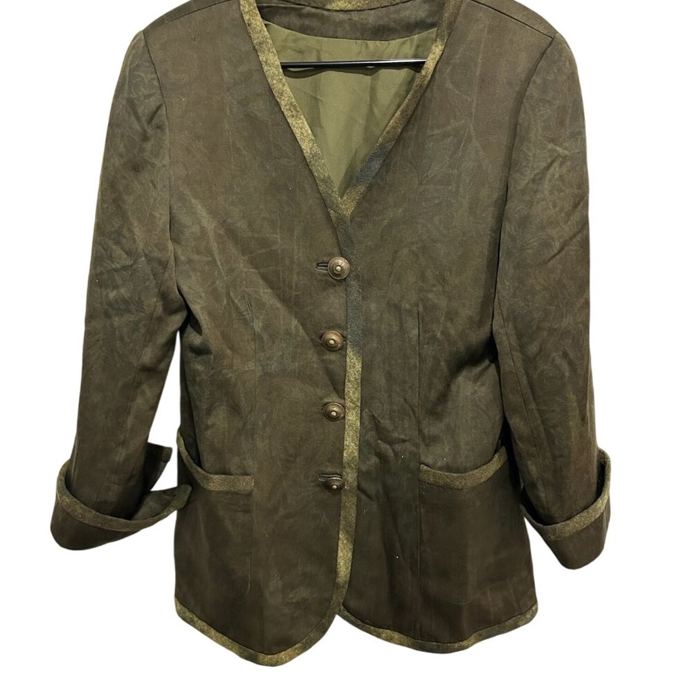 Vintage Olive Green Womens Rolled Cuffs Pockets Button Front Jacket Retro Utilit